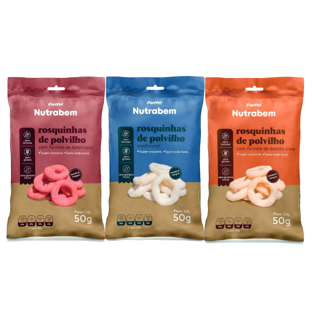Kit Panvel Biscoito Polvilho Tradicional Nutrabem 50g + Biscoito Polvilho Beterraba 50g + Biscoito Polvilho Batata Doce 50g
