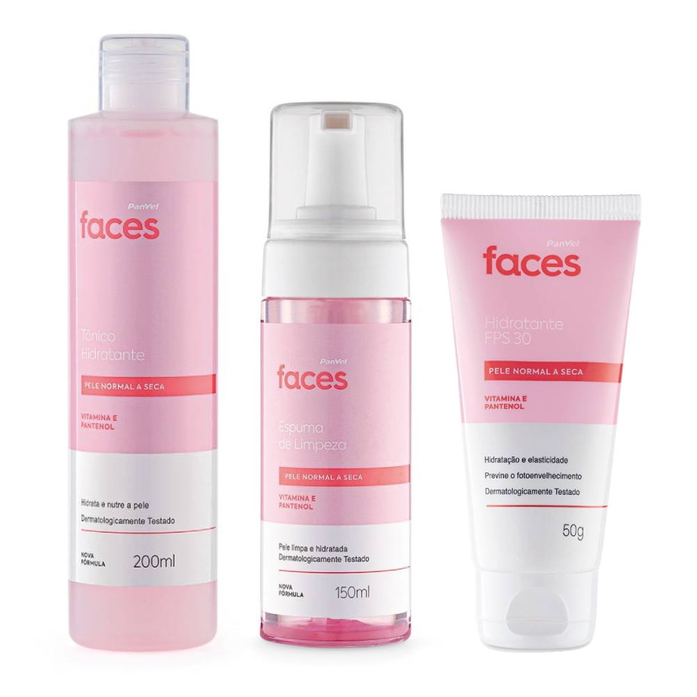 Kit Panvel Tônico Facial Faces Pele Normal A Seca 200ml + Espuma De Limpeza De Pele Normal A Seca Faces 150ml + Hidratante Facial Fps30 Faces Pele Normal A Seca 50g