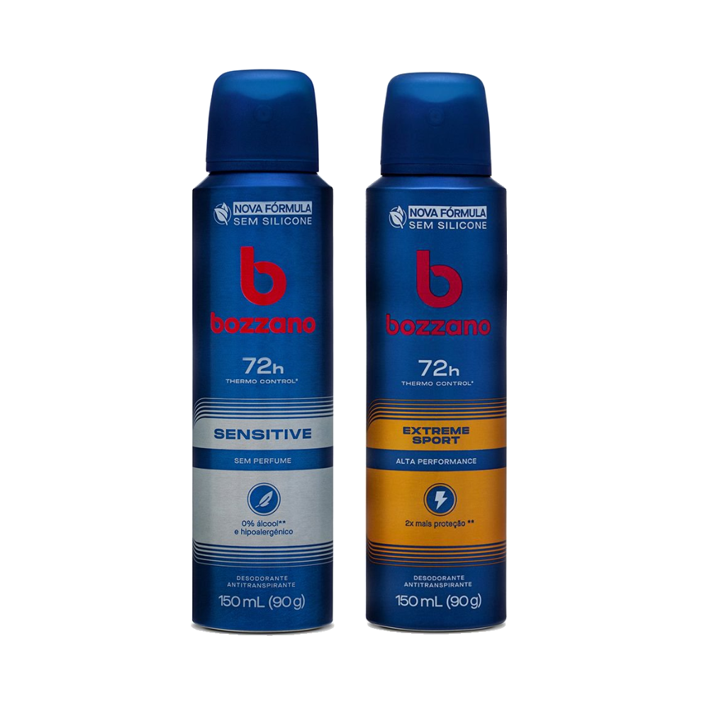 Kit Desodorante Antitranspirante Aerossol Masculino Bozzano Sensitive 150ml + Desodorante Aerossol Antitranspirante Masculino Extreme Sport 150ml