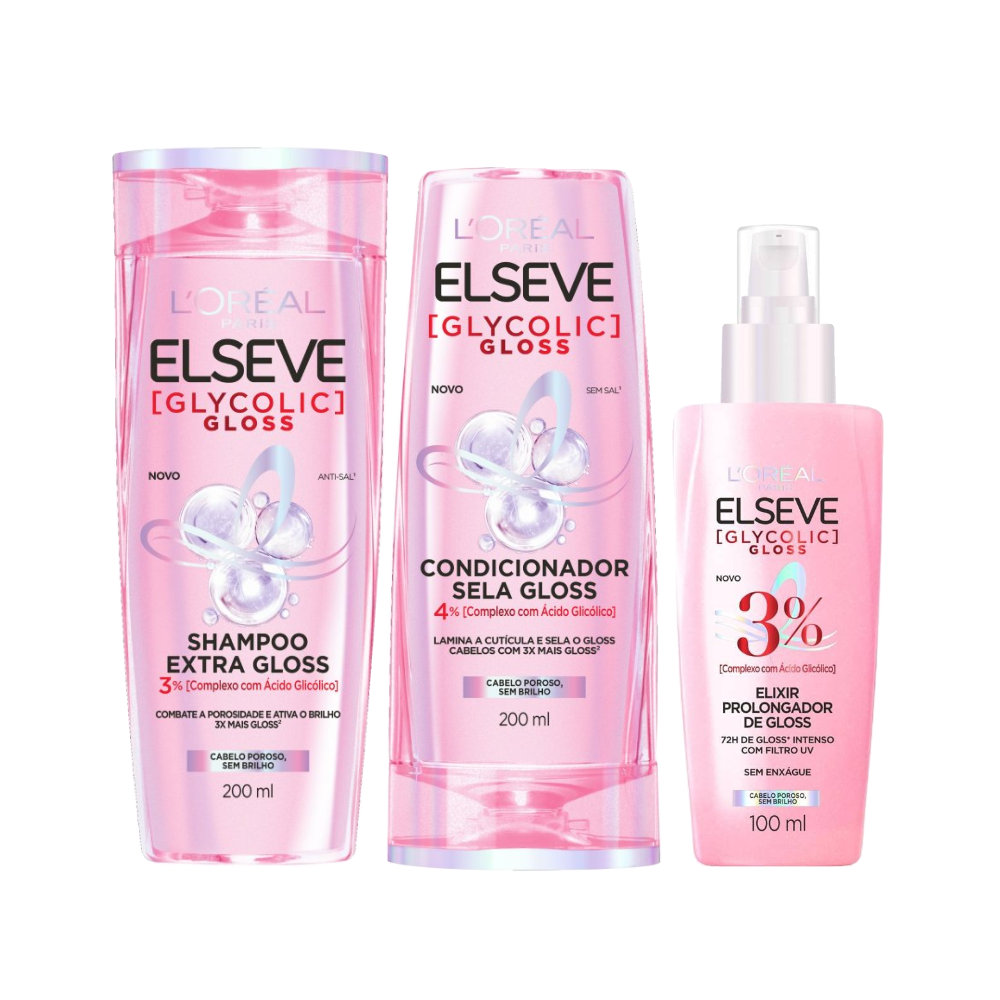 Kit Elseve Shampoo L'oreal Paris Glycolic Gloss 200ml + Condicionador L'oreal Paris Glycolic Gloss 200ml + Sérum Capilar Glycolic Gloss 100ml 