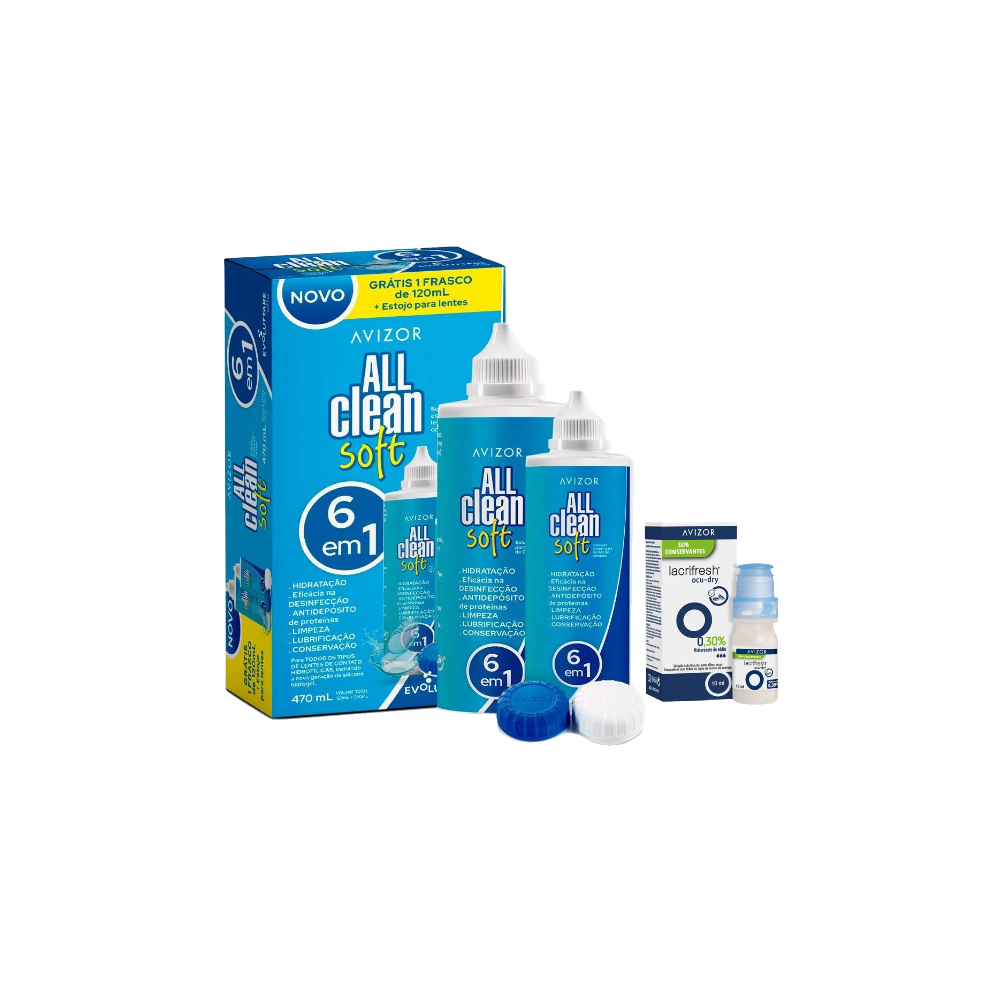 Kit Solução Para Lentes De Contato All Clean Soft Avizor 350ml + 120ml + Estojo Para Lentes + Colírio Lacrifresh Ocudry 0,3% Avizor 10ml