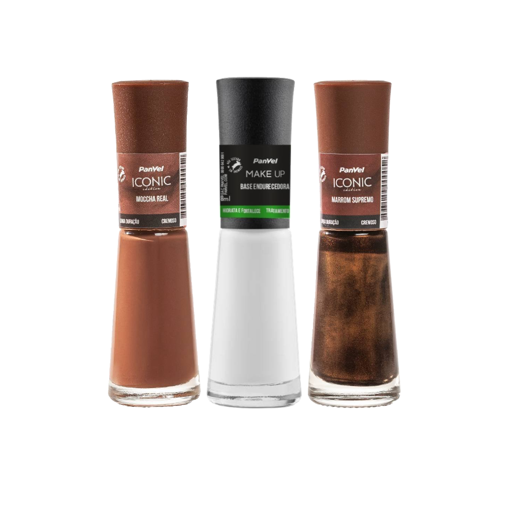 Kit Panvel Esmalte Make Up Iconic Edition Marrom Supremo 8ml + Esmalte  Iconic Edition Moccha Real 8ml + Base Fortalecedora Para Unhas Concreto 8ml