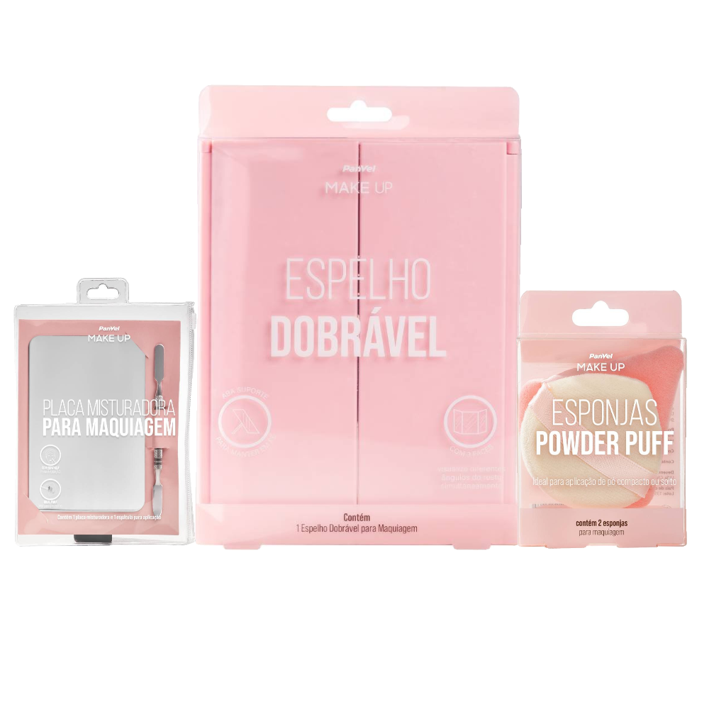 Kit Panvel Espelho Dobrável Para Maquiagem Make Up + Espátula E Placa Em Aço Inox Para Maquiagem+ Conjunto Esponja Powder Puff  2 Unidades
