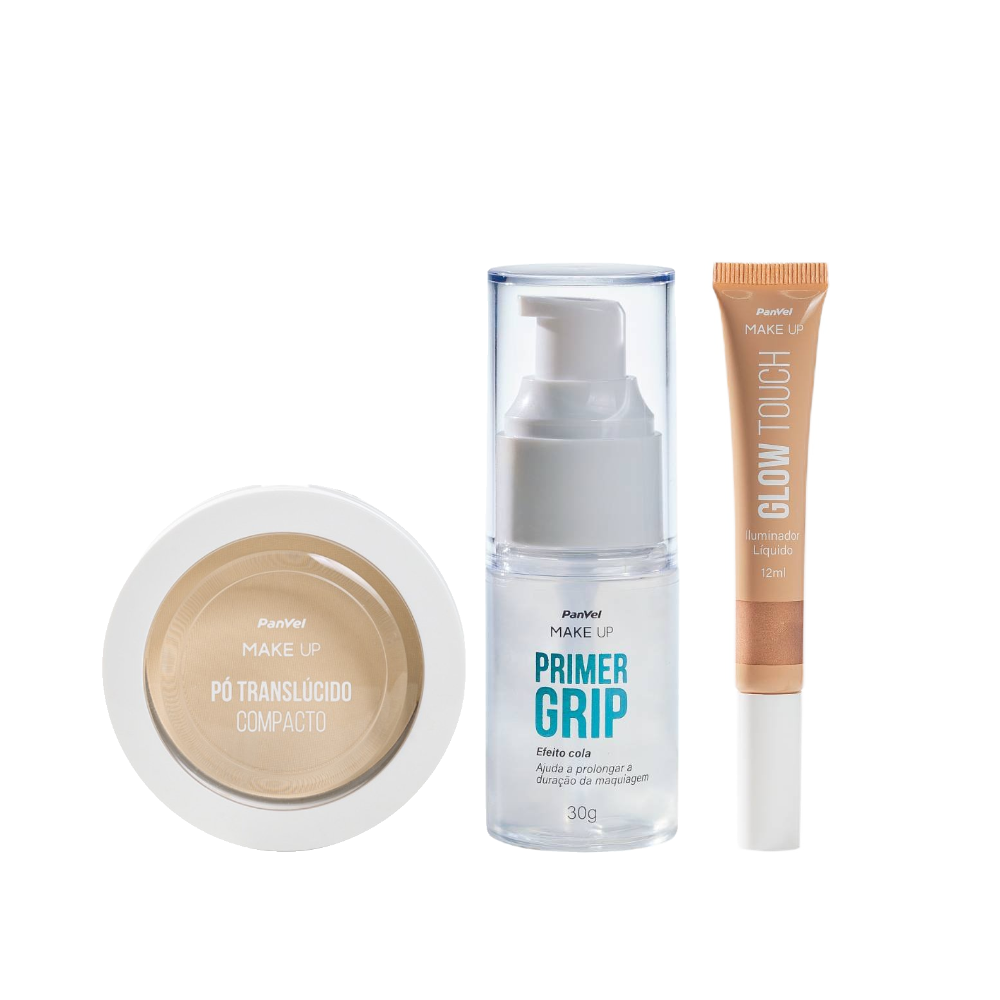 Kit Panvel Primer Grip Efeito Cola Make Up 30g + Iluminador Líquido Glow Touch Gold Make Up 10ml + Pó Facial Translúcido Compacto Amarelo Make Up