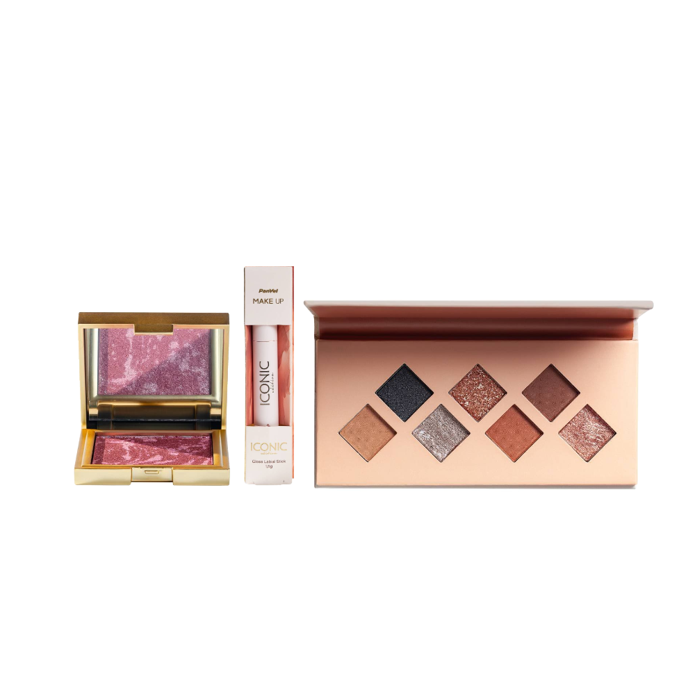 Kit Panvel Blush Marmorizado Make Up Pink Glow Iconic Edition + Gloss Labial Stick Make Up Iconic Edition Nude 15g + Paleta De Sombras Make Up Iconic Edition 7 Cores