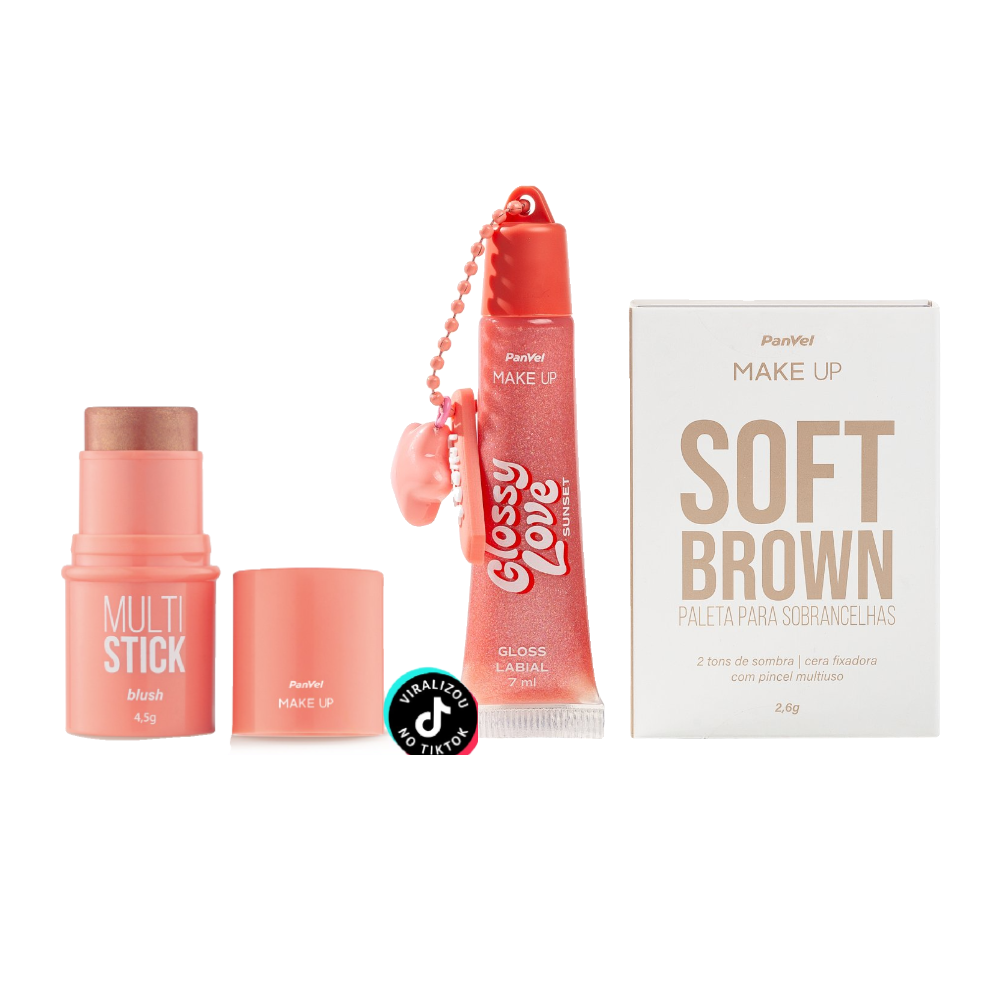 Kit Panvel Gloss Labial Glossy Love Cosmic Make Up Sunset 7ml + Paleta Para Sobrancelhas Soft Brown Make Up 2,6g + Blush Multi Stick Coral Make Up