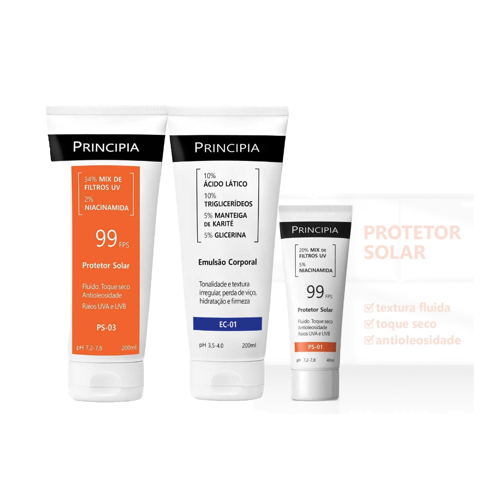 Kit Principia Protetor Solar Facial Ps 01 Fps 99 40ml + Protetor Solar Corporal Ps 03 Fps 99 200ml + Emulsão Corporal Ec 01 200ml