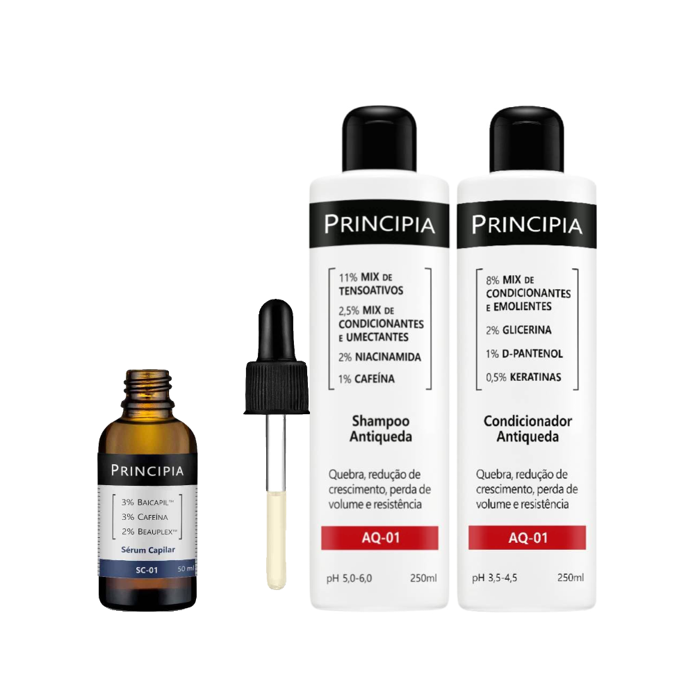Kit Principia Shampoo Antiqueda Aq 01 250ml + Condicionador Antiqueda Aq 01 250ml + Sérum Capilar Sc 01 Baicapil 3% + Cafeína 3% + Beauplex 3% 50ml
