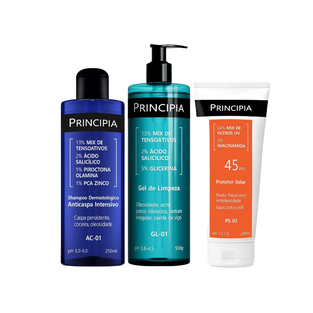 Kit Principia Gel De Limpeza Facial Gl 01 500g + Shampoo Anticaspa Ac 01 250ml + Protetor Solar Corporal Ps 03 Fps 45 200ml