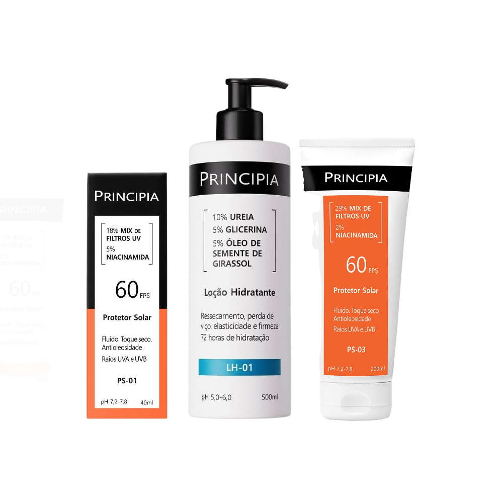  Kit Principia Protetor Solar Facial Ps 01 Fps 60 40ml + Loção Hidratante Corporal Lh 01 500ml + Protetor Solar Corporal Ps 03 Fps60 200ml