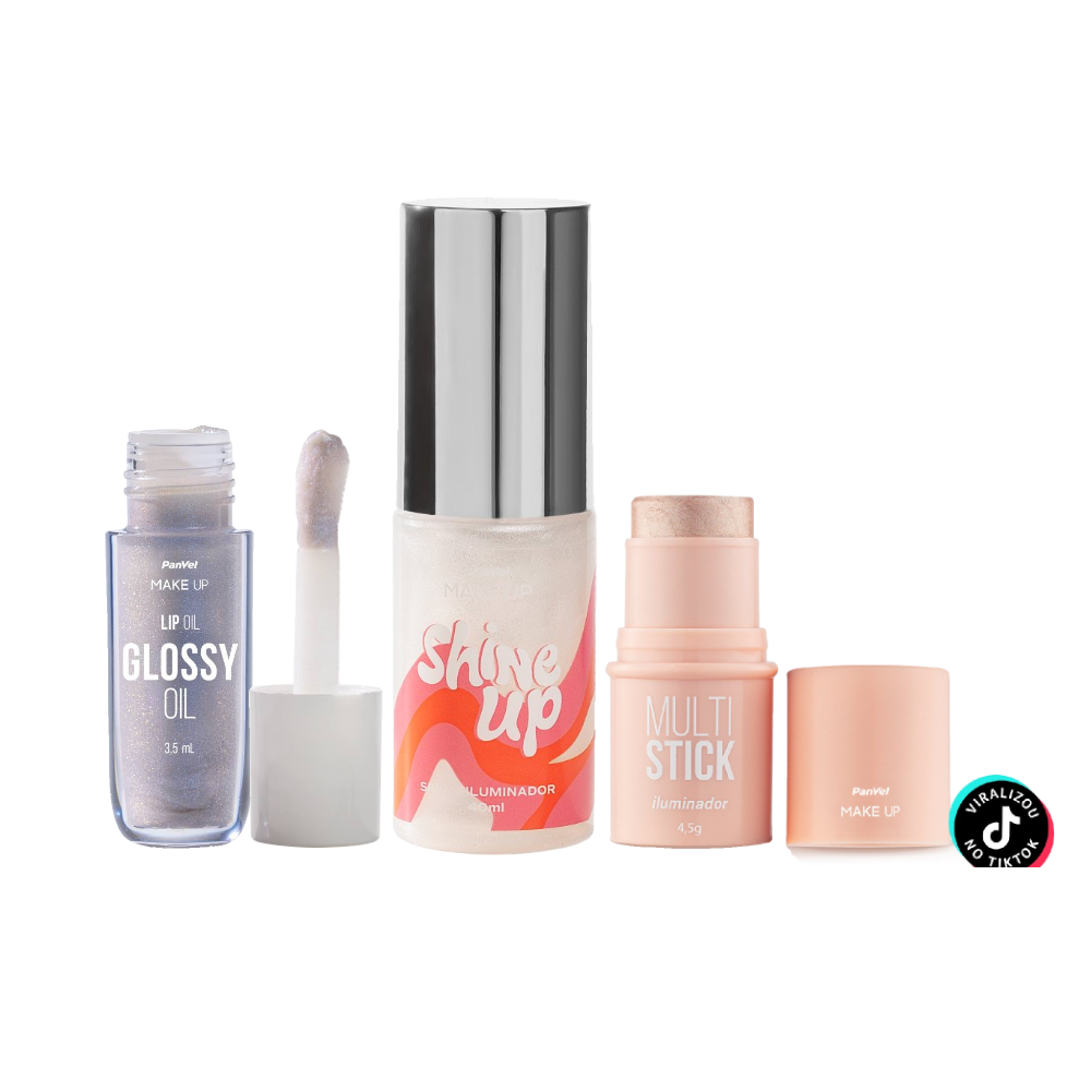 Kit Panvel Iluminador Corporal Shine Up Em Spray Cosmic Make Up 40ml + Lip Oil Make Up Shimmer 3,5ml + Iluminador Multi Stick Champagne Make Up