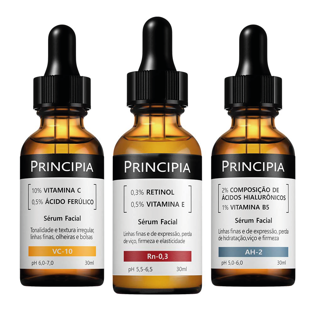 Kit Principia Sérum Facial Anti Idade Rn 0,3 Retinol 0,3% 30ml + Sérum Facial Antioxidante Vc 10 30ml + Sérum Facial Anti Idade Ah 2 Ácido Hialurônico 2% Com Vitamina B5 1% 30ml