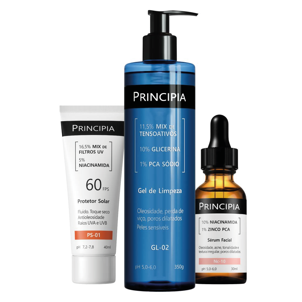 Kit Principia Gel De Limpeza Facial 350g + Protetor Solar Facial Fps 60 40ml + Sérum Facial Antiacne E Oleosidade Niacinamida 10% 30ml
