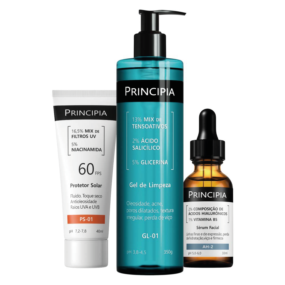 Kit Principia Protetor Solar Facial Fps40 40ml + Gel De Limpeza Facial 350g + Sérum Facial Anti Idade Ácido Hialurônico 2% Com Vitamina B5 1% 30ml