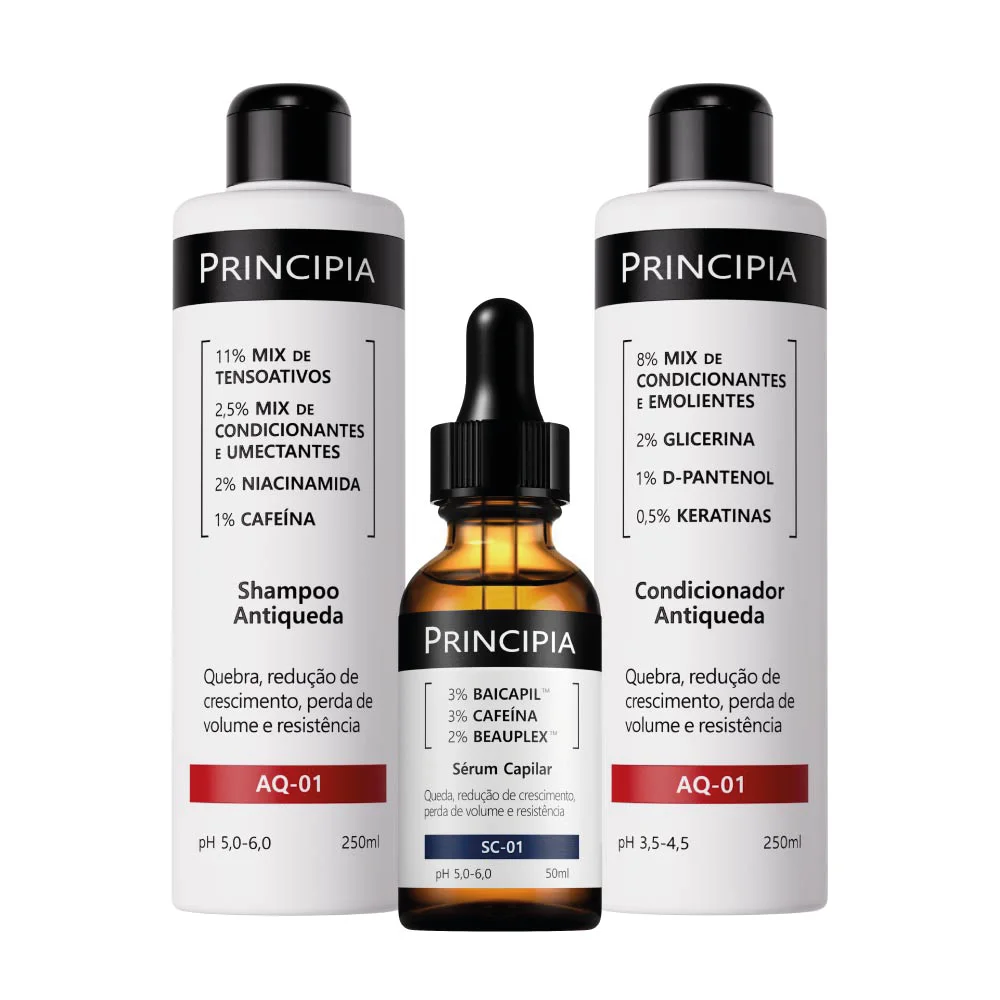 Kit Principia Condicionador Antiqueda 250ml + Shampoo Antiqueda 250ml + Sérum Capilar Baicapil 3% Com Cafeína 3% E Beauplex 3% 50ml