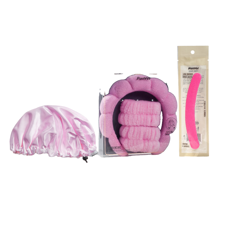 Kit Panvel   Skincare Com Munhequeiras E Tiara Nuvem Acss25 + Lixa De Unhas Em Formato Banana Cor Rosa + Touca Para Cabelo Cetim Acessórios