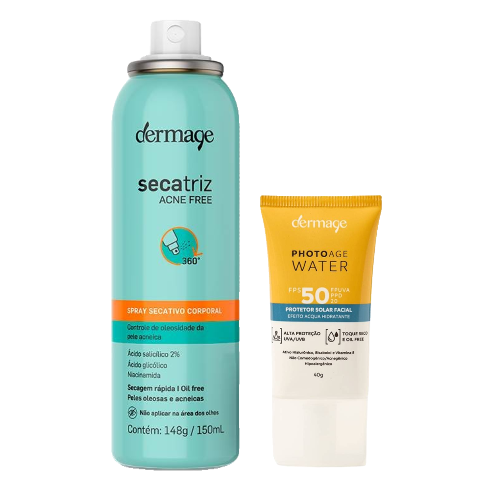 Kit Dermage Protetor Solar Facial Photoage Water Fps50 40g + Spray Secativo Corporal Secatriz Acne Free 150ml
