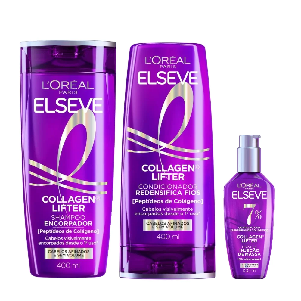 Kit Elseve Condicionador Collagen Lifter 400ml + Sérum Capilar Leave In Collagen Lifter 100ml + Shampoo Collagen Lifter 400ml