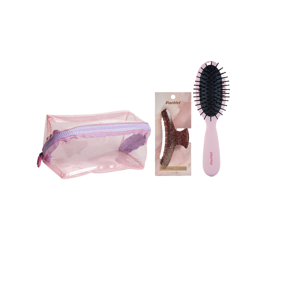 Kit Panvel Piranha De Cabelo Acrílico Média New Classic Iconic Edition Glitter Marrom + Necessarie Em Pvc Rosa Com Glitter Cosmic Make Up + Escova De Cabelo Nude Pp Oval