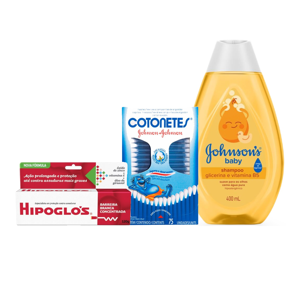 Kit Shampoo Johnsons Baby Glicerinado 400ml + Hipoglós Creme Preventivo De Assaduras, 120g + Hastes Flexíveis Cotonetes 75 Unidades