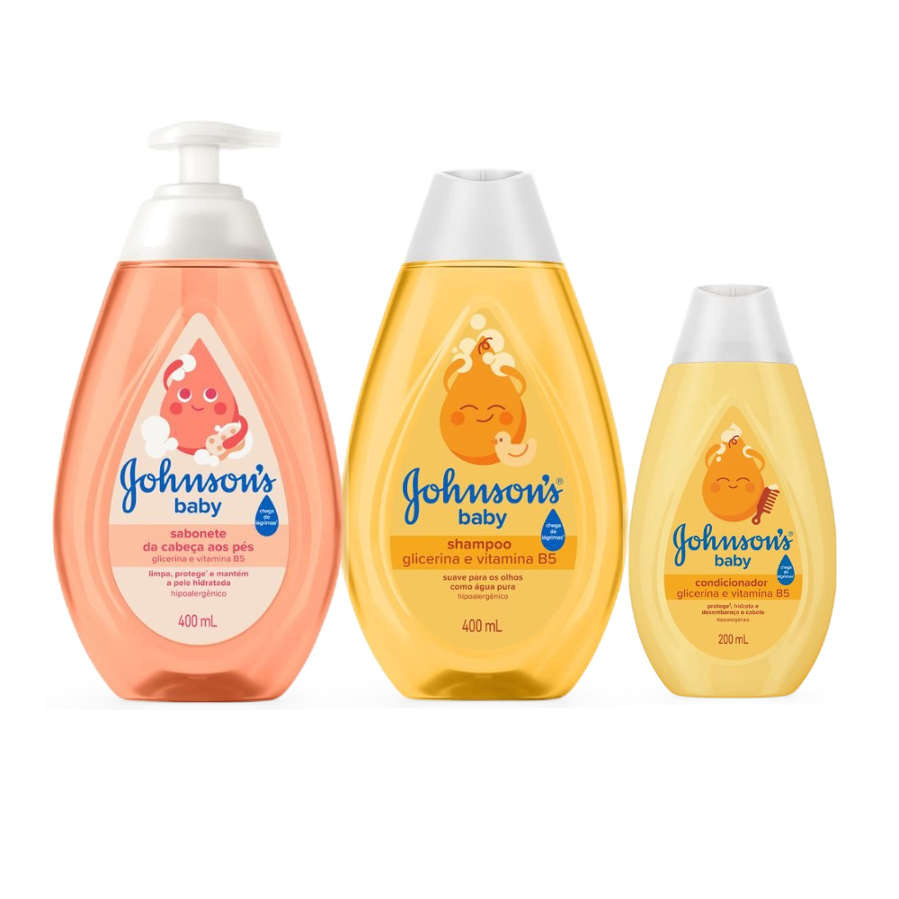 Kit Johnsons Baby Sabonete Líquido De Glicerina Da Cabeça Aos Pés Johnson's Baby 400ml + Condicionador Glicerinado 200ml + Shampoo Glicerinado 400ml