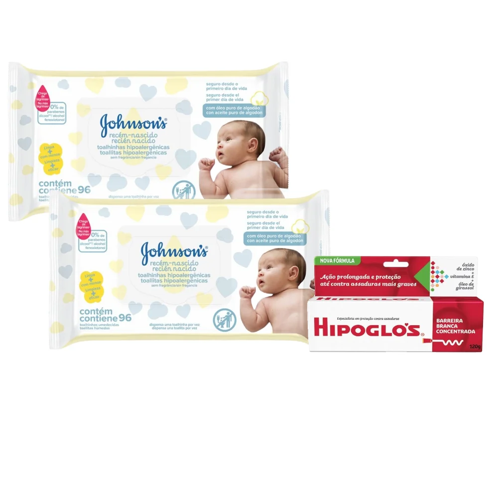 Kit Hipoglós Creme Preventivo De Assaduras, 120g + 2x Lenços Umedecidos Johnson's Baby Recém Nascido 96 Unidades