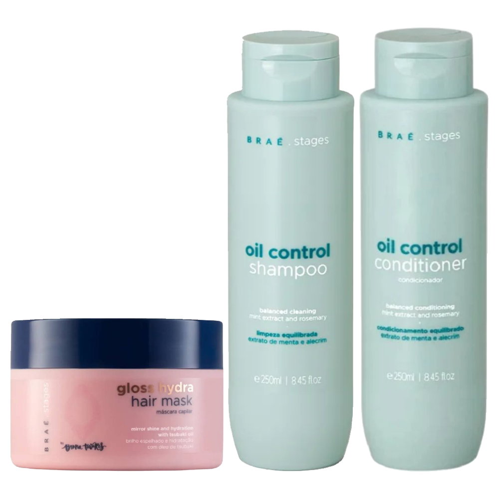 Kit Braé Stages Máscara Capilar Bruna Tavares Gloss Hydra 200g + Shampoo Controle De Oleosidade 250ml + Condicionador Controle De Oleosidade 250ml