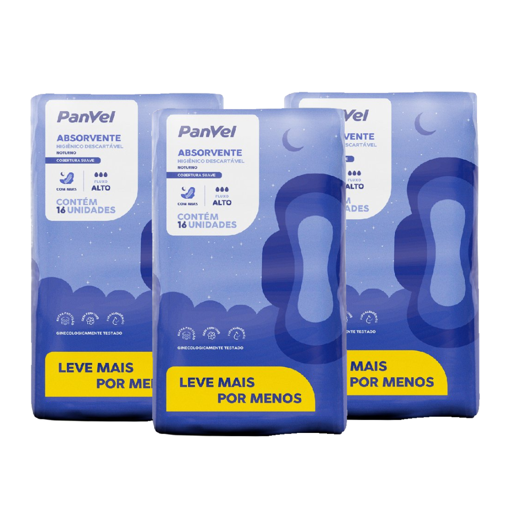 Kit Absorvente Panvel Essencial Noturno Cobertura Suave C/ Abas 16 Unidades - 3 Unidades