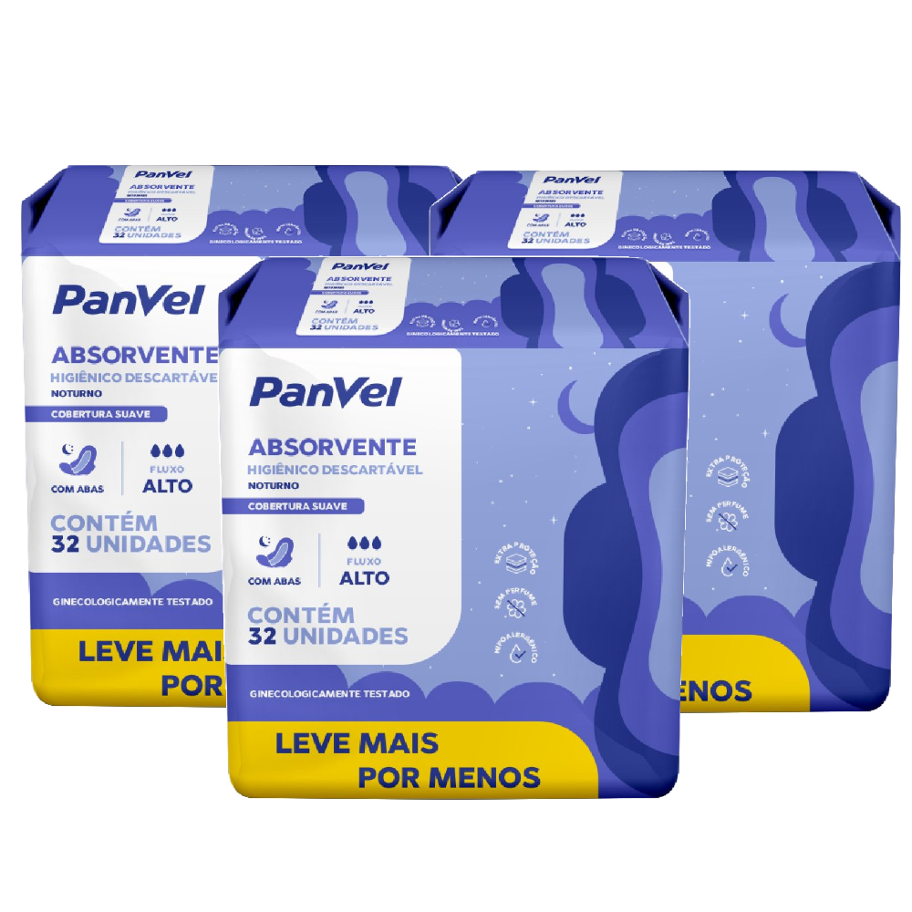 Kit Absorvente Panvel Essencial Noturno Com Abas 32 Unidades - 3 Unidades