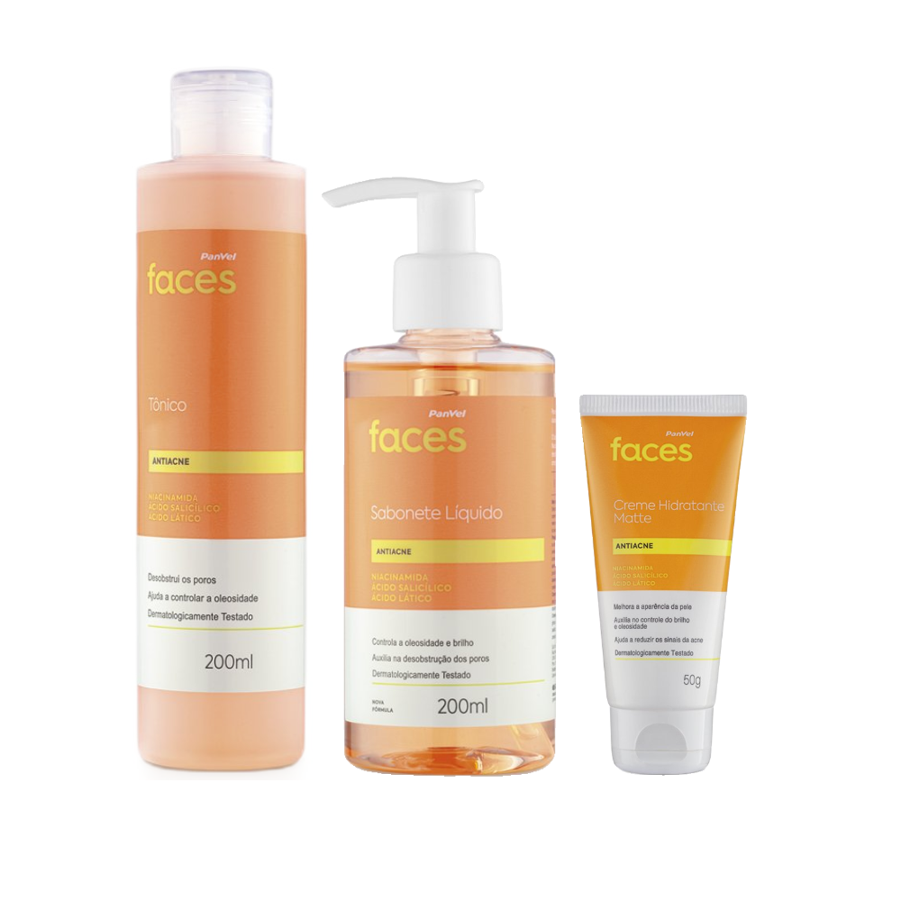 Kit Panvel Faces Antiacne Tônico Facial 200ml + Sabonete Líquido 200ml Grátis Hidratante Facial 50g