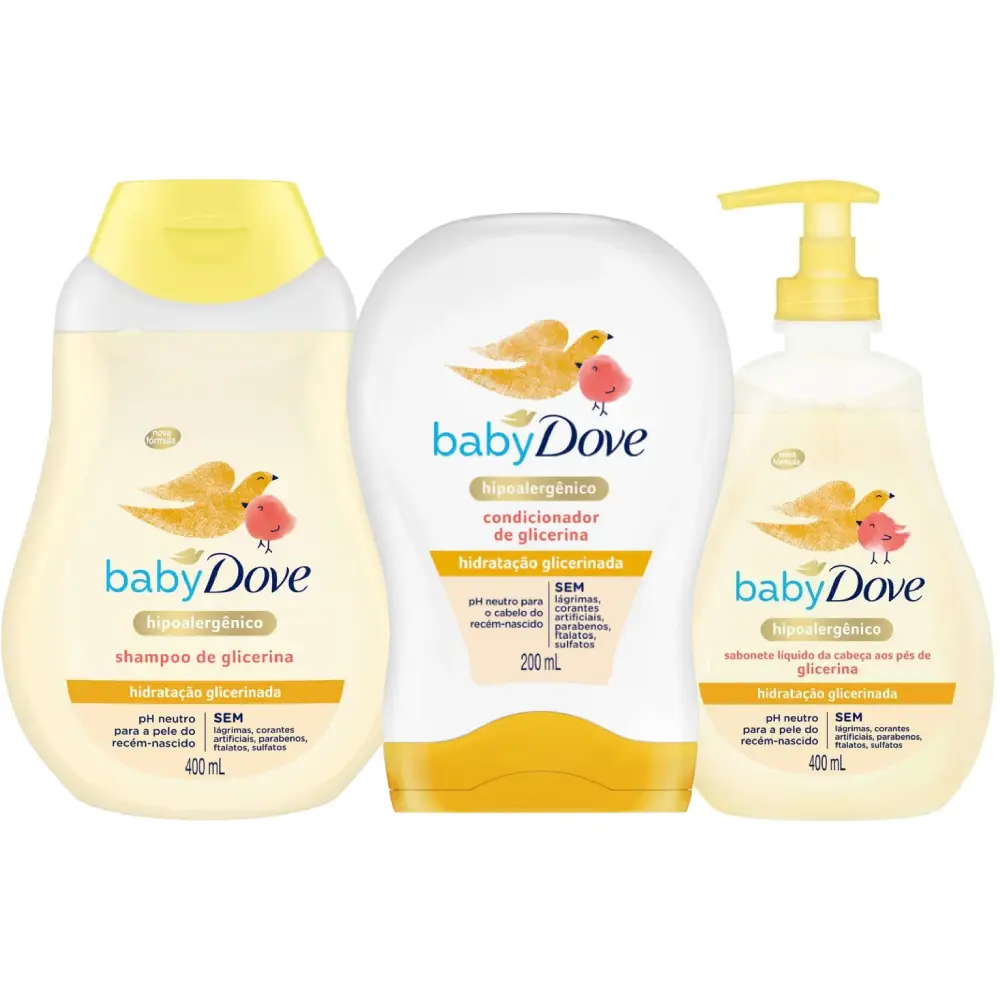 Kit Baby Dove Hidratação Glicerinada Sabonete Líquido 400ml + Shampoo 400ml + Condicionador 200ml