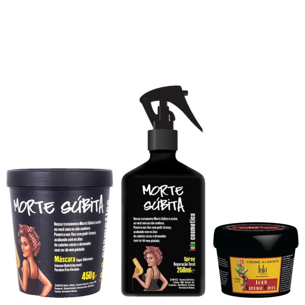 Kit Tratamento Lola Cosmetics Creme Morte Subita 450g + Spray Reparação Total 250ml + Creme Alisante Vintage Girls 100g