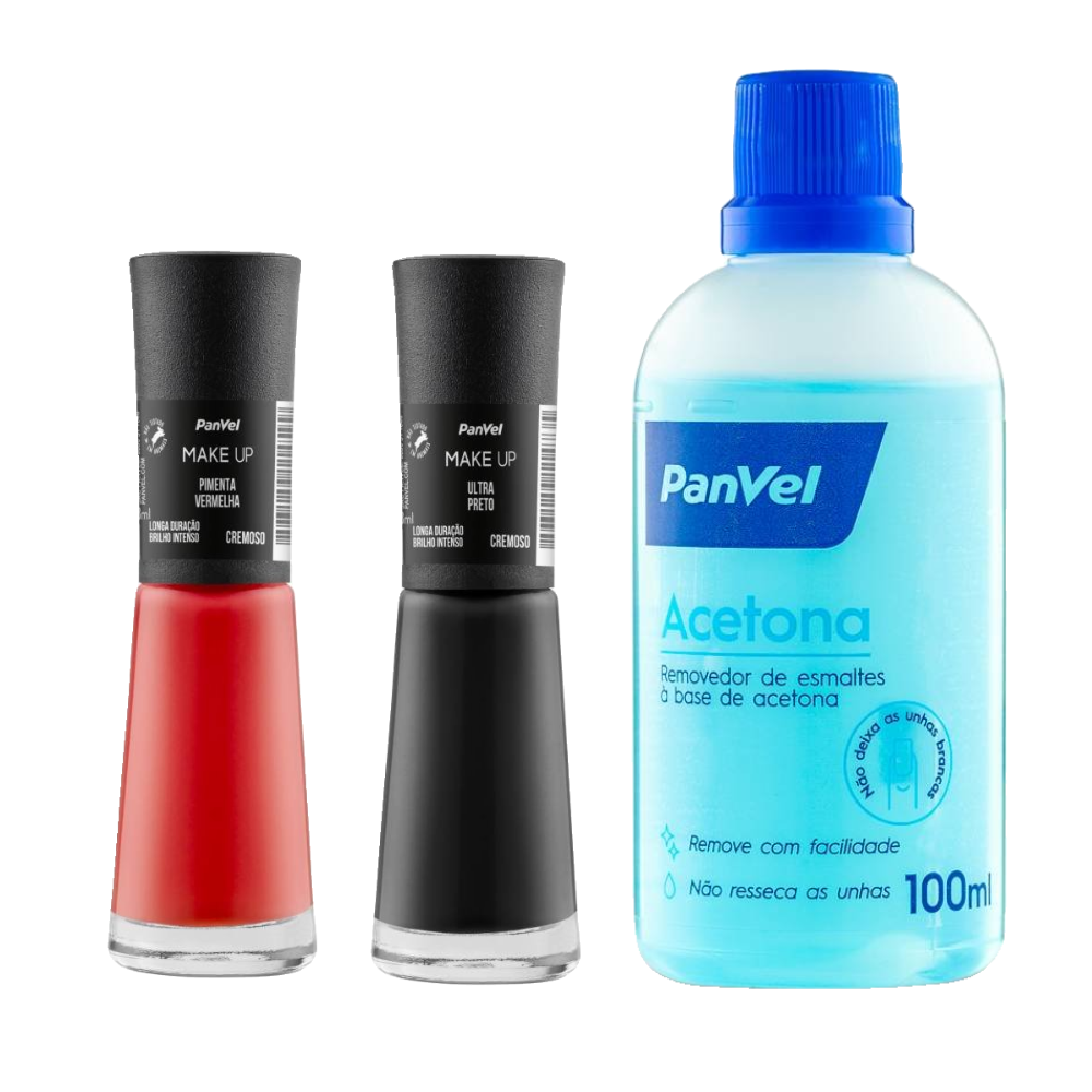 Kit Esmaltação Panvel Acetona 100ml + Esmalte Cremoso Pimenta Vermelha 8ml + Esmalte Cremoso Ultra Preto 8ml