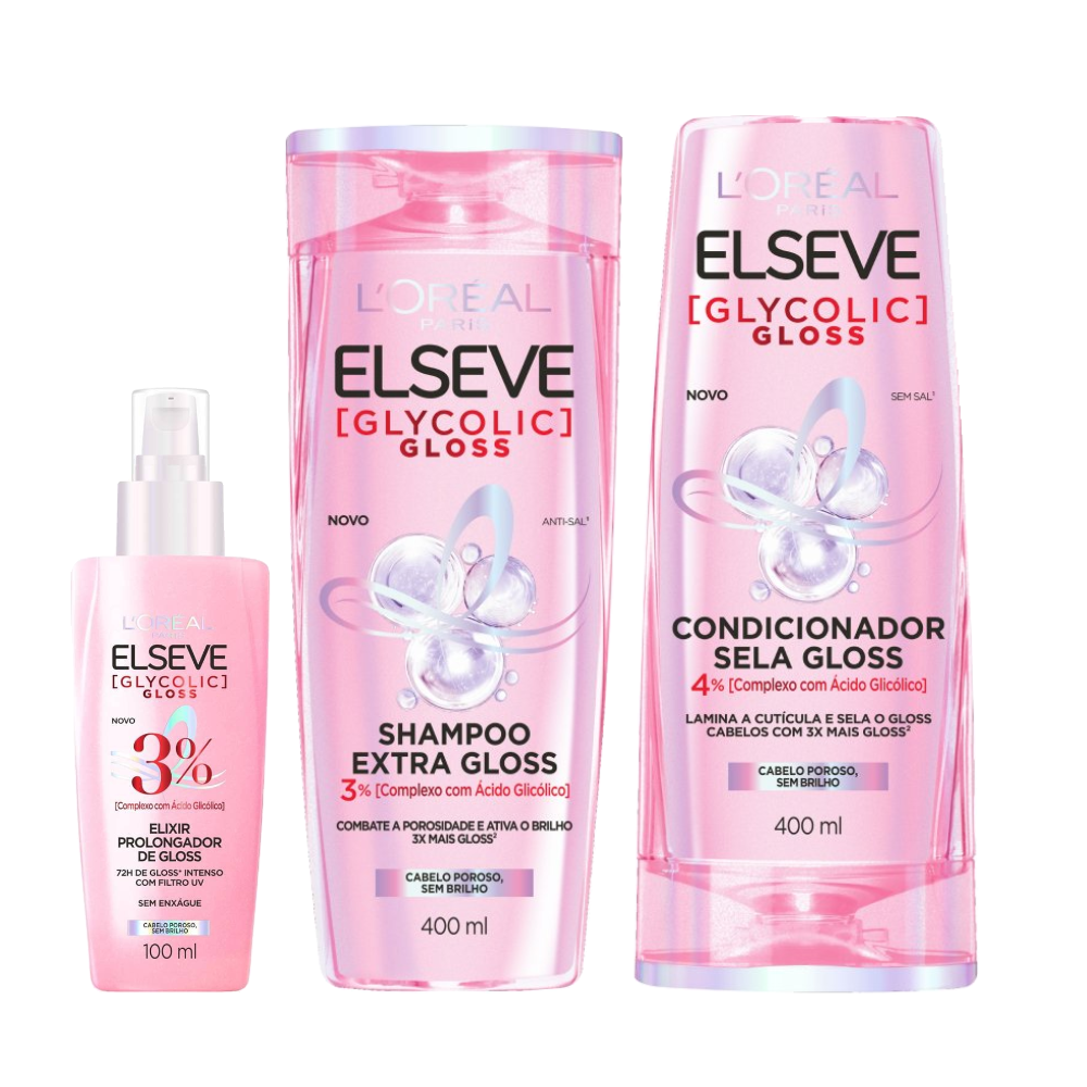 Kit Elseve Shampoo L'oreal Paris Glycolic Gloss 400ml + Condicionador 400ml + Sérum Capilar 100ml