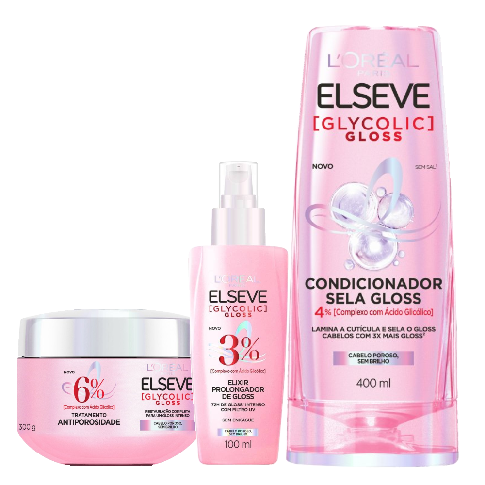 Kit Elseve Sérum Capilar Glycolic Gloss 100ml + Creme De Tratamento 300g + Condicionador 400ml