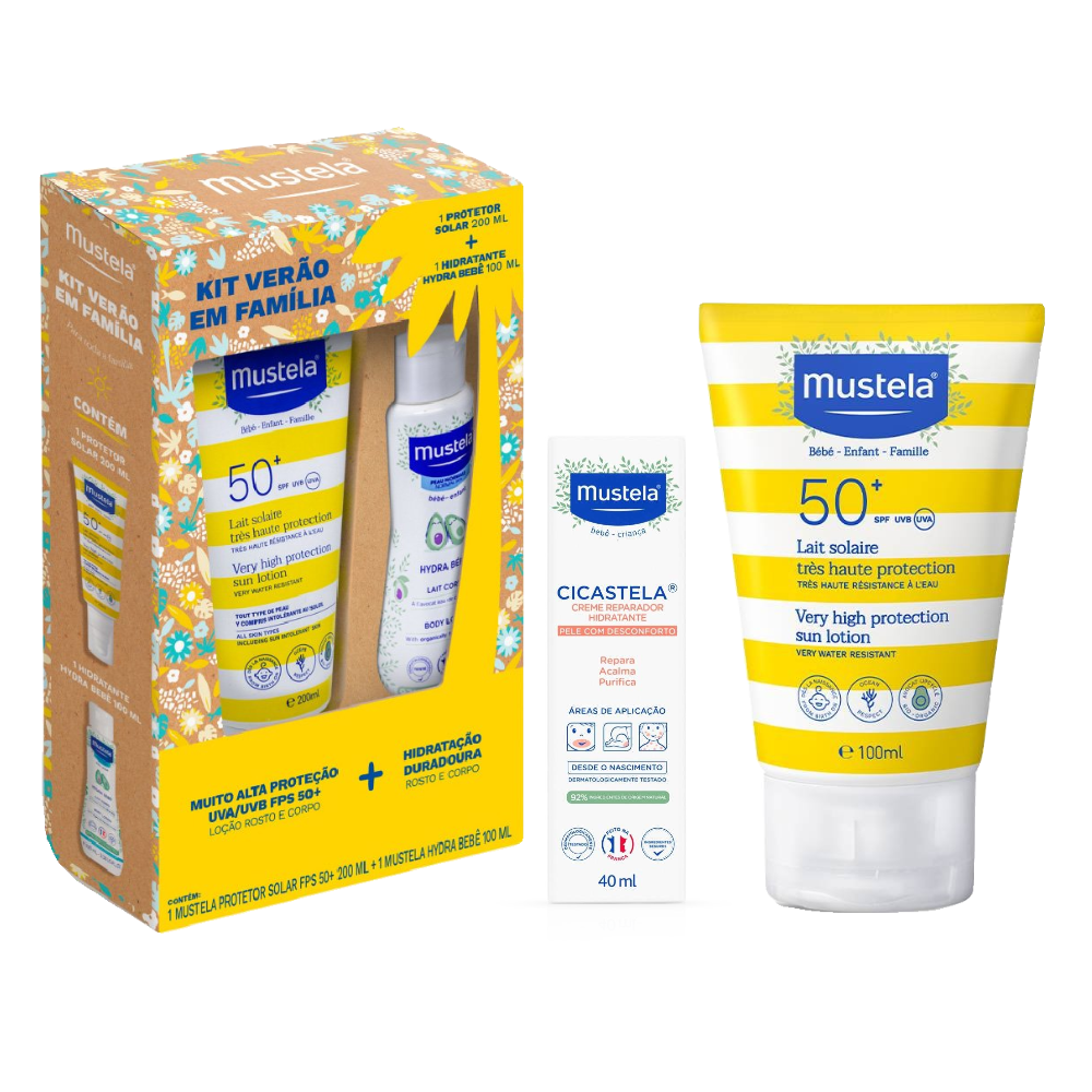 Kit Mustela Creme Reparador Cicastela 40ml + Protetor Solar Fps 50 200ml + Hydra Bebê 100ml + Protetor Solar Infantil Fps 50 100ml
