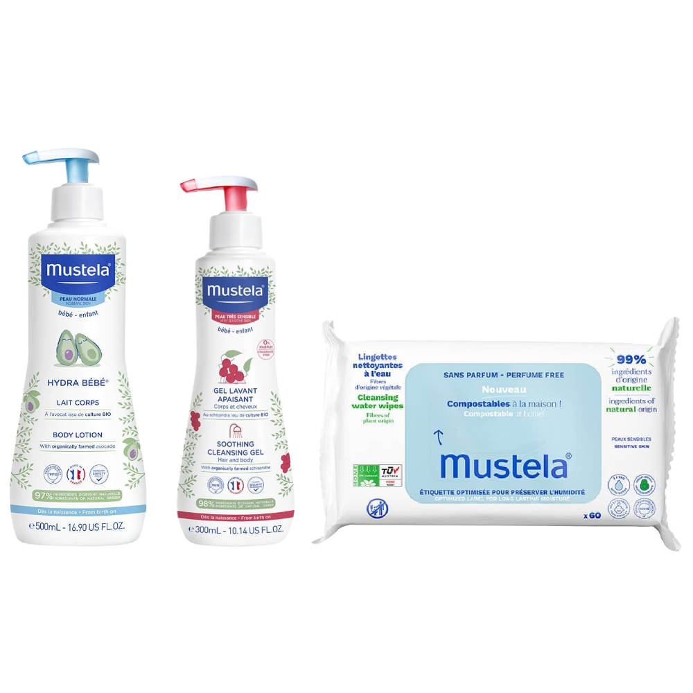 Kit Mustela Gel Lavante Para Pele Muito Sensível 300ml + Loção Hidratante Corporal Hydra Bebê 500ml + Toalhas Umedecidas Sem Perfume 60 Unidades
