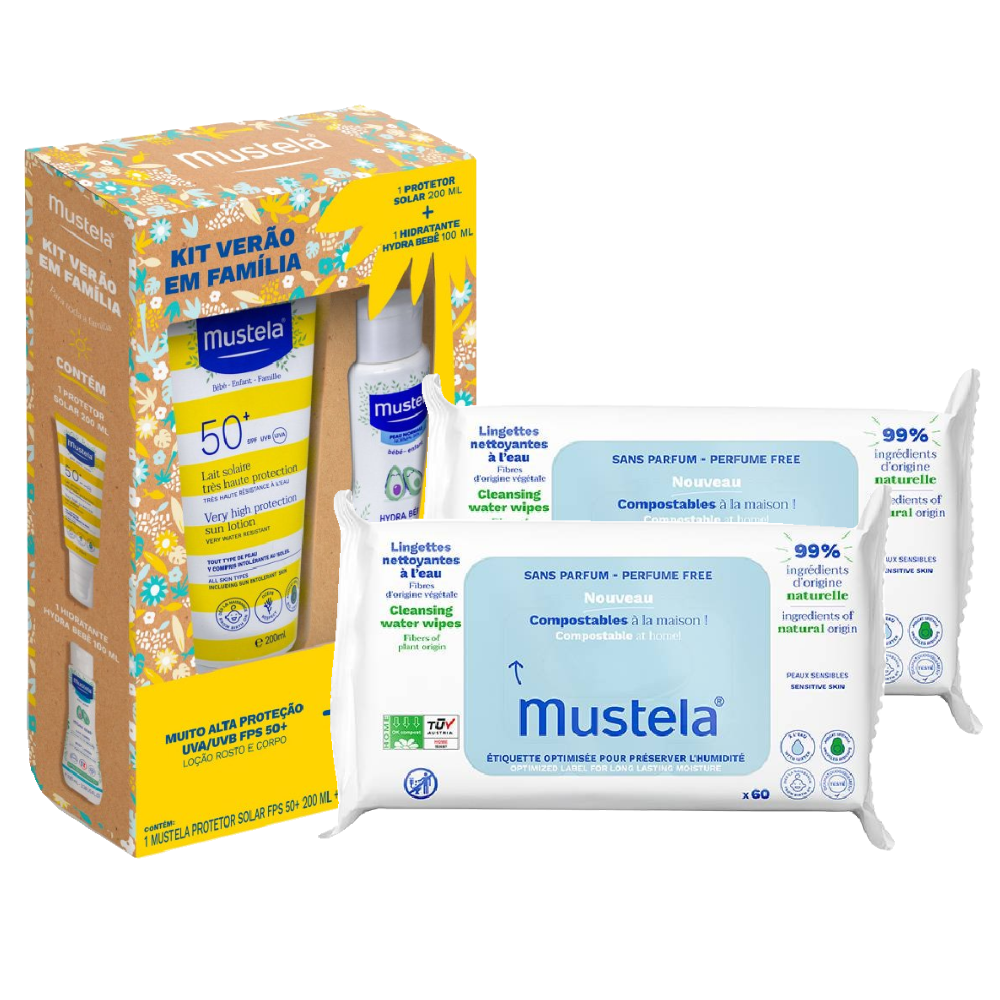 Kit Mustela Verão Em Família Protetor Solar Fps 50 200ml + Hydra Bebê 100ml + Toalhas Umedecidas Compostáveis Sem Perfume 60 Unidades