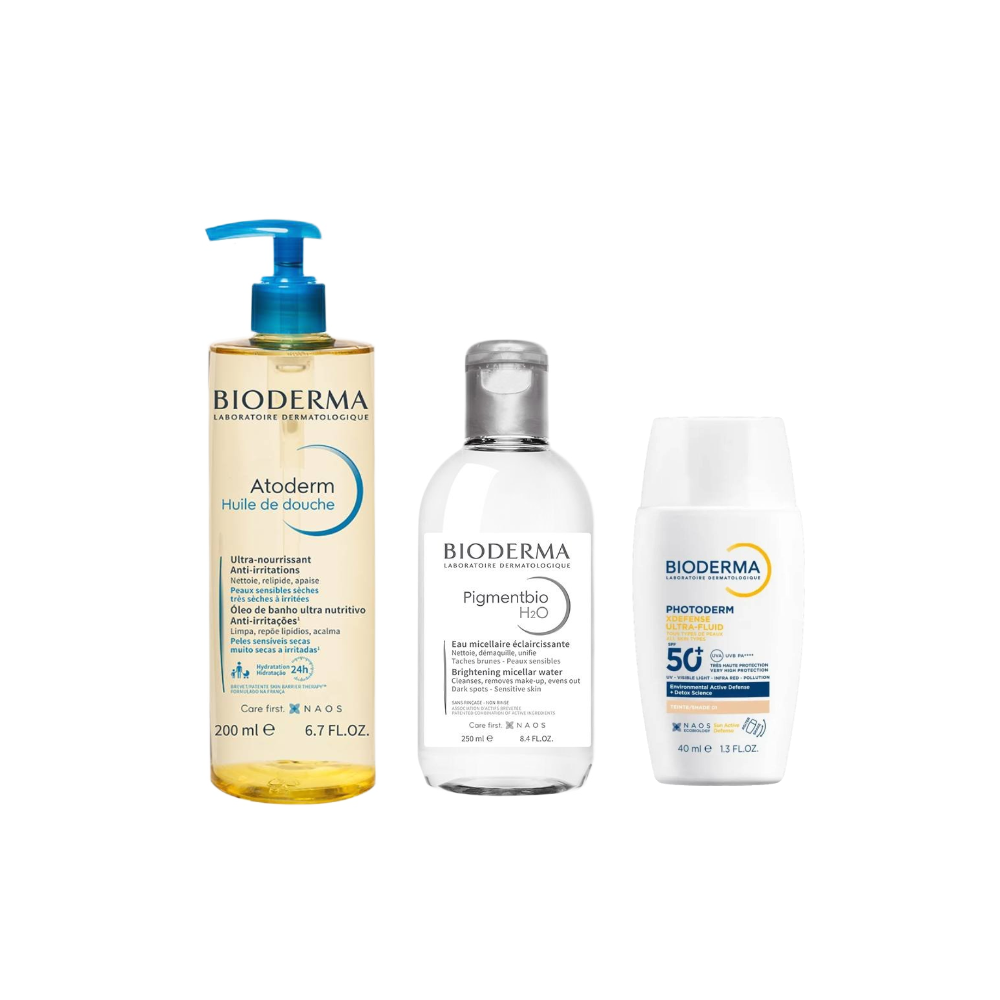 Kit Bioderma Óleo De Banho Hidratante Atoderm 200ml + Protetor Solar Facial Photoderm Xdefense Fps50+ Cor 1.0 40ml + Água Micelar Clareadora Pigmentbio H2o 250ml
