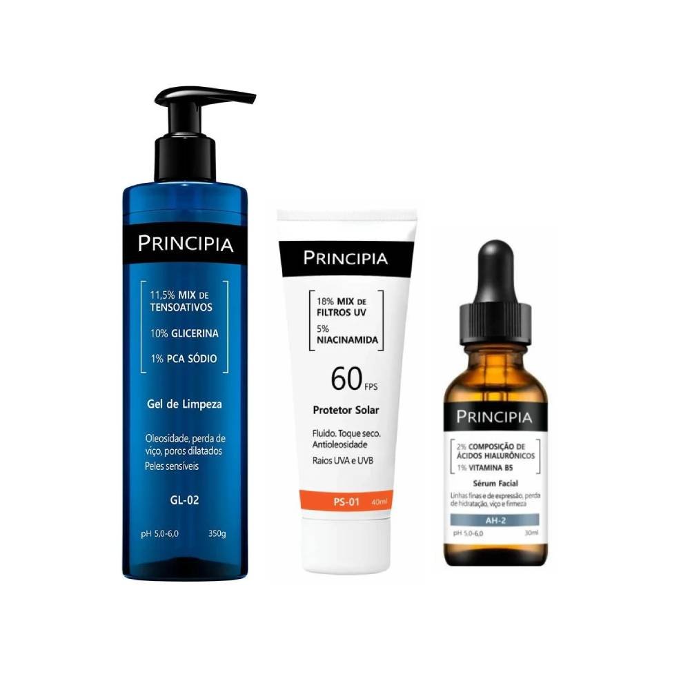 Kit Principia Sérum Facial Anti Idade Ah 2 Ácido Hialurônico 2% + Vitamina B5 1% 30ml + Protetor Solar Facial Ps 01 Fps 60 40ml + Gel De Limpeza Facial Gl 02 350g