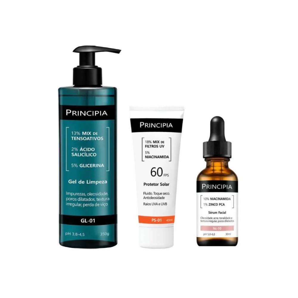 Kit Principia Protetor Solar Facial Ps 01 Fps 60 40ml + Sérum Facial Antiacne E Oleosidade Nc 10 Niacinamida 10% 30ml + Gel De Limpeza Facial Gl 01 350gk