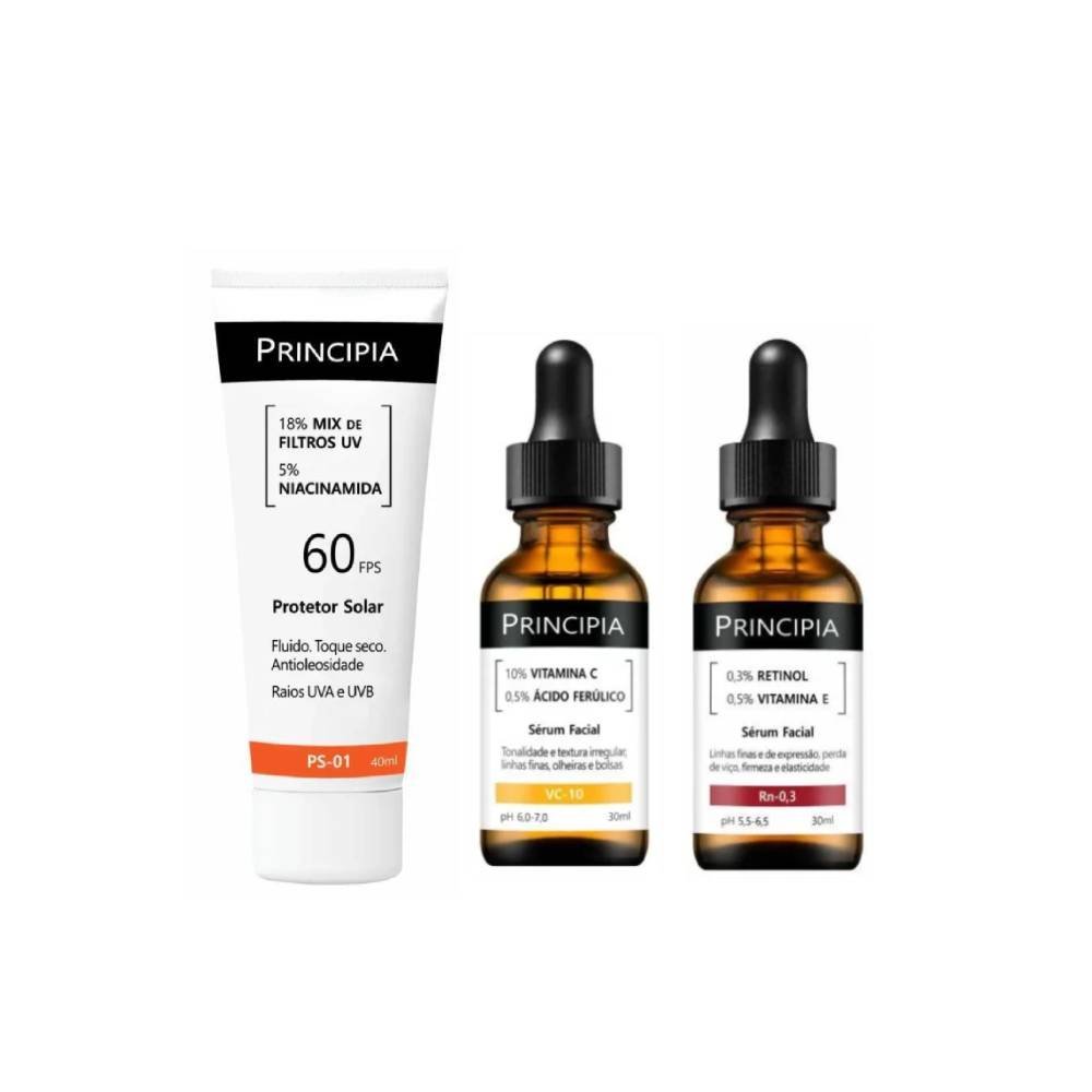 Kit Principia Sérum Facial Antioxidante Vc 10 30ml + Sérum Facial Anti Idade Rn 0,3 Retinol 0,3% 30ml + Protetor Solar Facial Ps 01 Fps 60 40ml