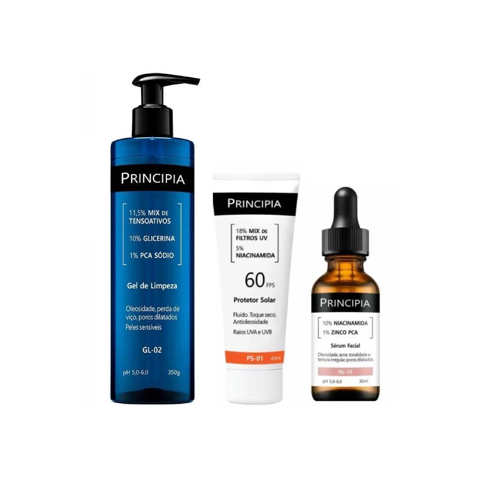 Kit Principia Sérum Facial Antiacne E Oleosidade Nc 10 Niacinamida 10% 30ml + Protetor Solar Facial Ps 01 Fps 60 40ml + Gel De Limpeza Facial Gl 02 350g