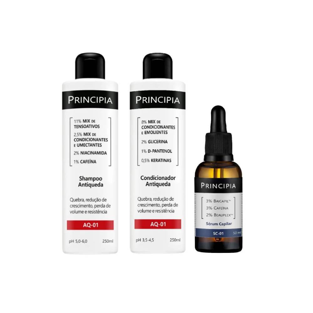 Kit Principia Sérum Capilar Sc 01 Baicapil 3% + Cafeína 3% + Beauplex 3% 50ml + Shampoo Antiqueda Aq 01 250ml + Condicionador Antiqueda Aq 01 250ml