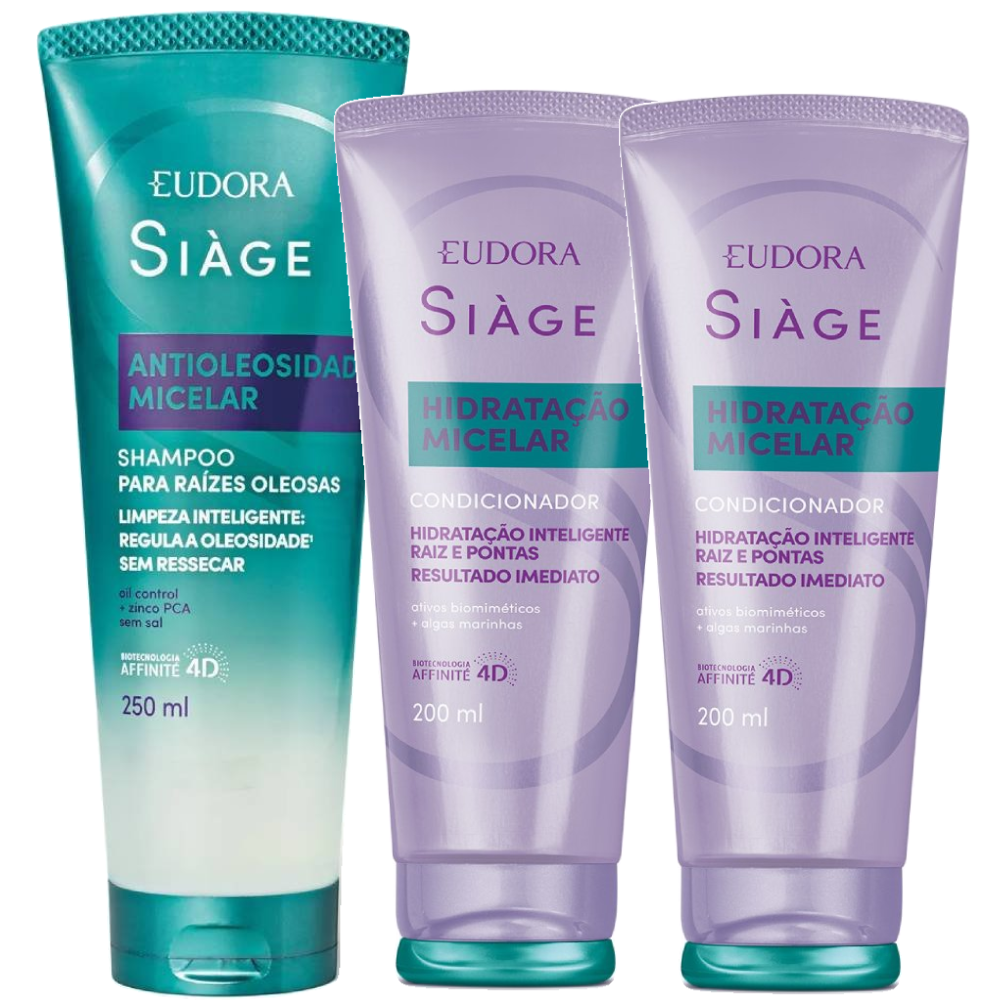 Kit Eudora Siage 2x Condicionador Hidratação Micelar 200ml + Shampoo Antioleosidade Micelar 250ml