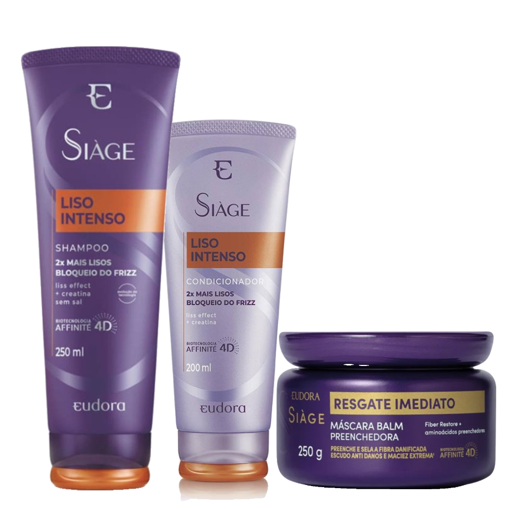 Kit Eudora Siage Shampoo Liso Intenso 250ml + Condicionador Liso Intenso 200ml + Máscara De Tratamento Capilar Resgate Imediato 250g 