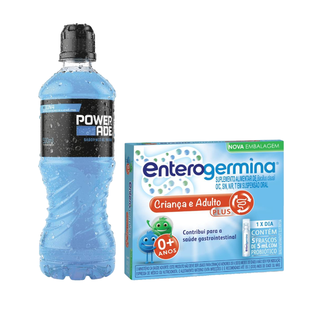 Kit Probiótico Enterogermina Plus 5 Frascos Grátis Isotônico Powerade Mix De Frutas 500ml