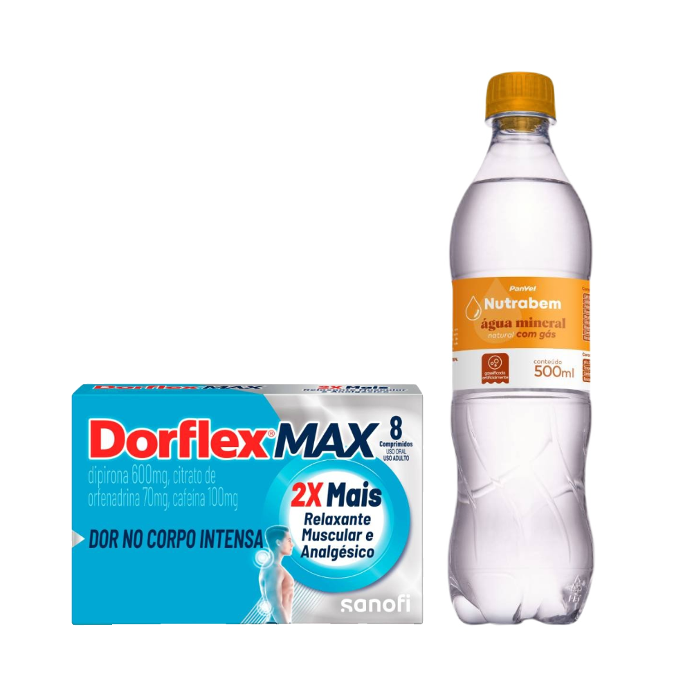 Kit Analgésico Dorflex Max Relaxante Muscular 8 Comprimidos Grátis Água Mineral Panvel Nutrabem Com Gás 500ml