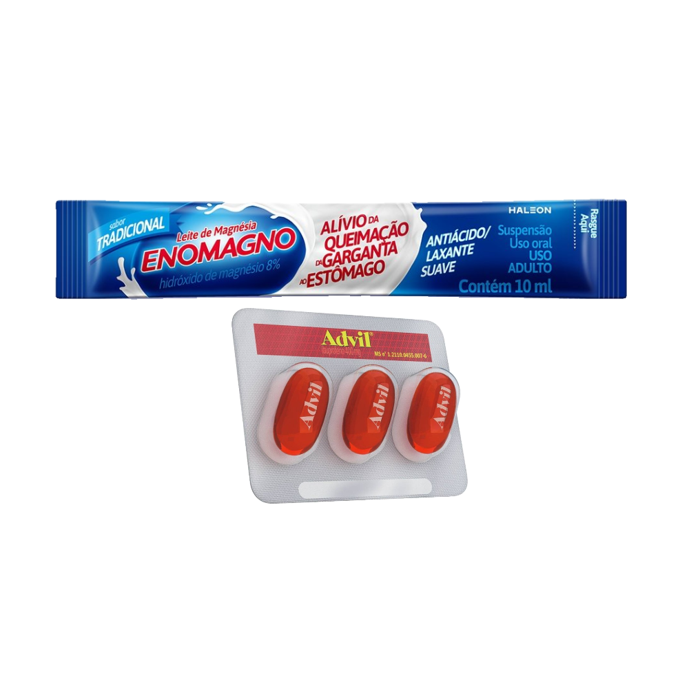 Kit Leite De Magnésia Enomagno Tradicional&nbsp;sachê 10ml + Advil Alívio Rápido Da Dor De Cabeça E Enxaqueca Com Ibuprofeno 400mg 3 Cápsulas