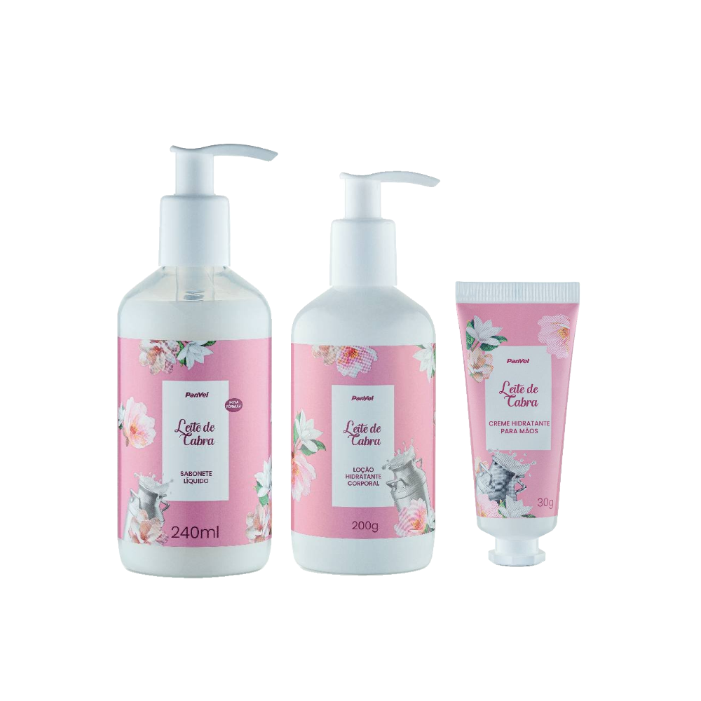 Kit Panvel Creme Mãos Leite De Cabra 30g + Sabonete Líquido Leite De Cabra 240ml + Loção Hidratante Leite De Cabra 200g